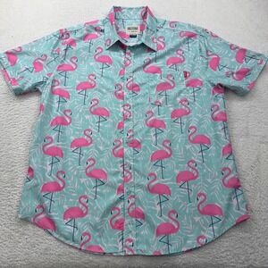 RSVLTS Shirt Mens 2XL Blue Pink Flamingo Print Hawaiian Aloha Tiki Button Up